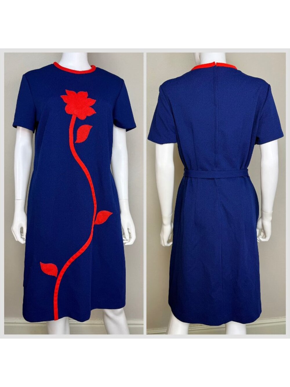 Vintage 1970s Blue Dress with Red Flower Appliqué, Size Large, Polyester Double